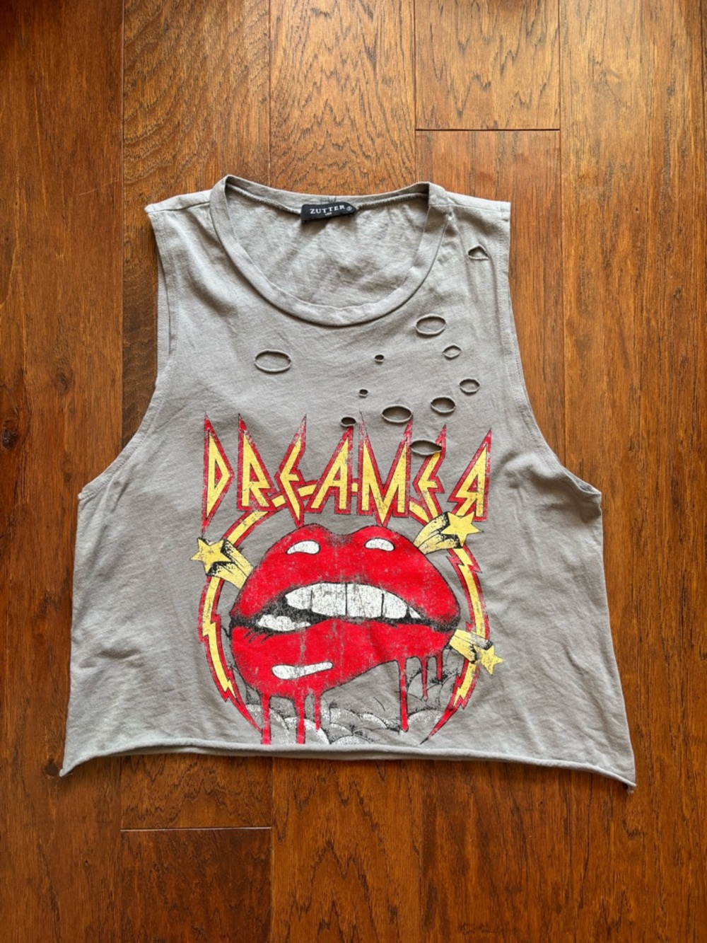 Zutter Dreamer Red Lips Distressed Crop Tank Gray | Size Small